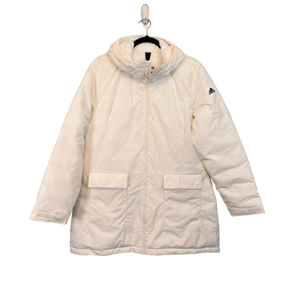 Adidas Jacket Womens XL X-Large White Windbreaker Puffer Lined Full Zip Hooded